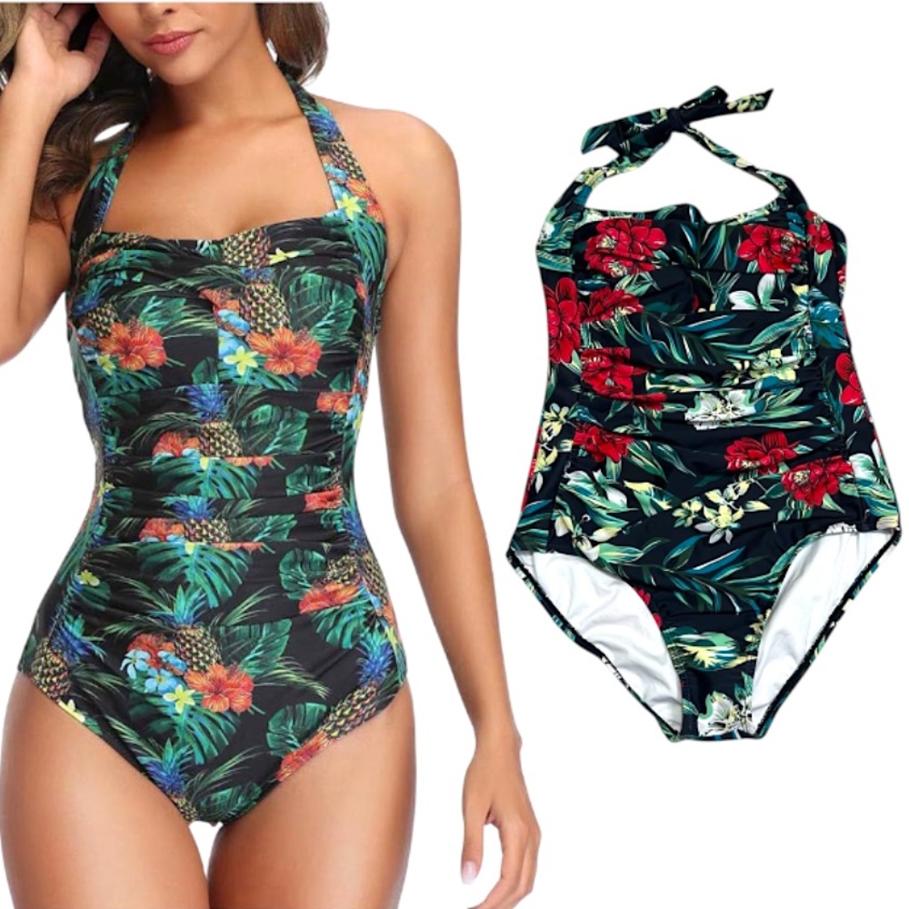 SMISMIVO Floral Halter Tummy Control One Piece Slimming Retro Swimsuit - Size M